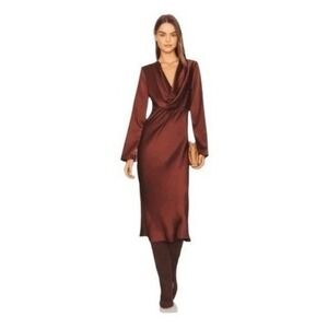 Line & Dot Giselle Satin Midi Dress Cinnamon‎ Brown Draped Cowl Neck Long Sleeve